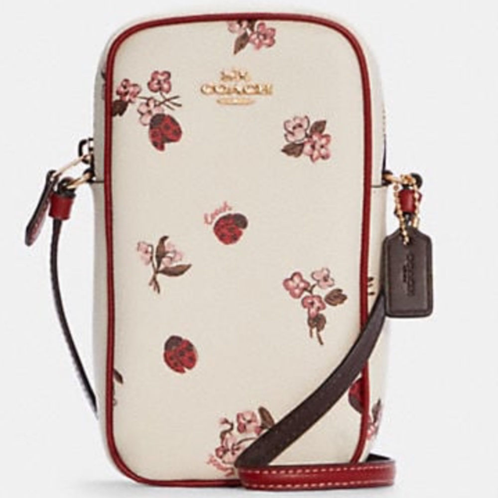 NWT Coach North South Zip Phone Crossbody With Ladybug Floral Print